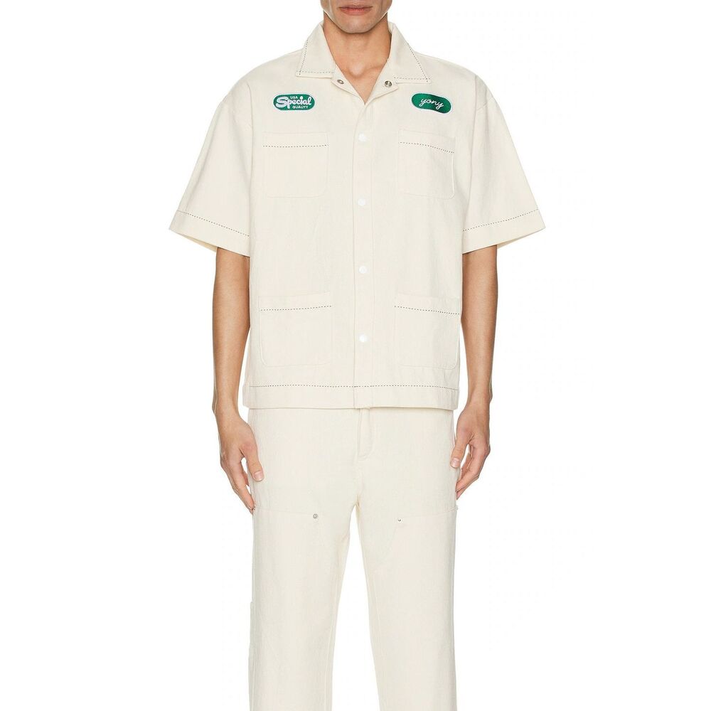 NWT Yony Short Sleeve Button-Up Canvas Workman Shirt Cream Size XL $250
